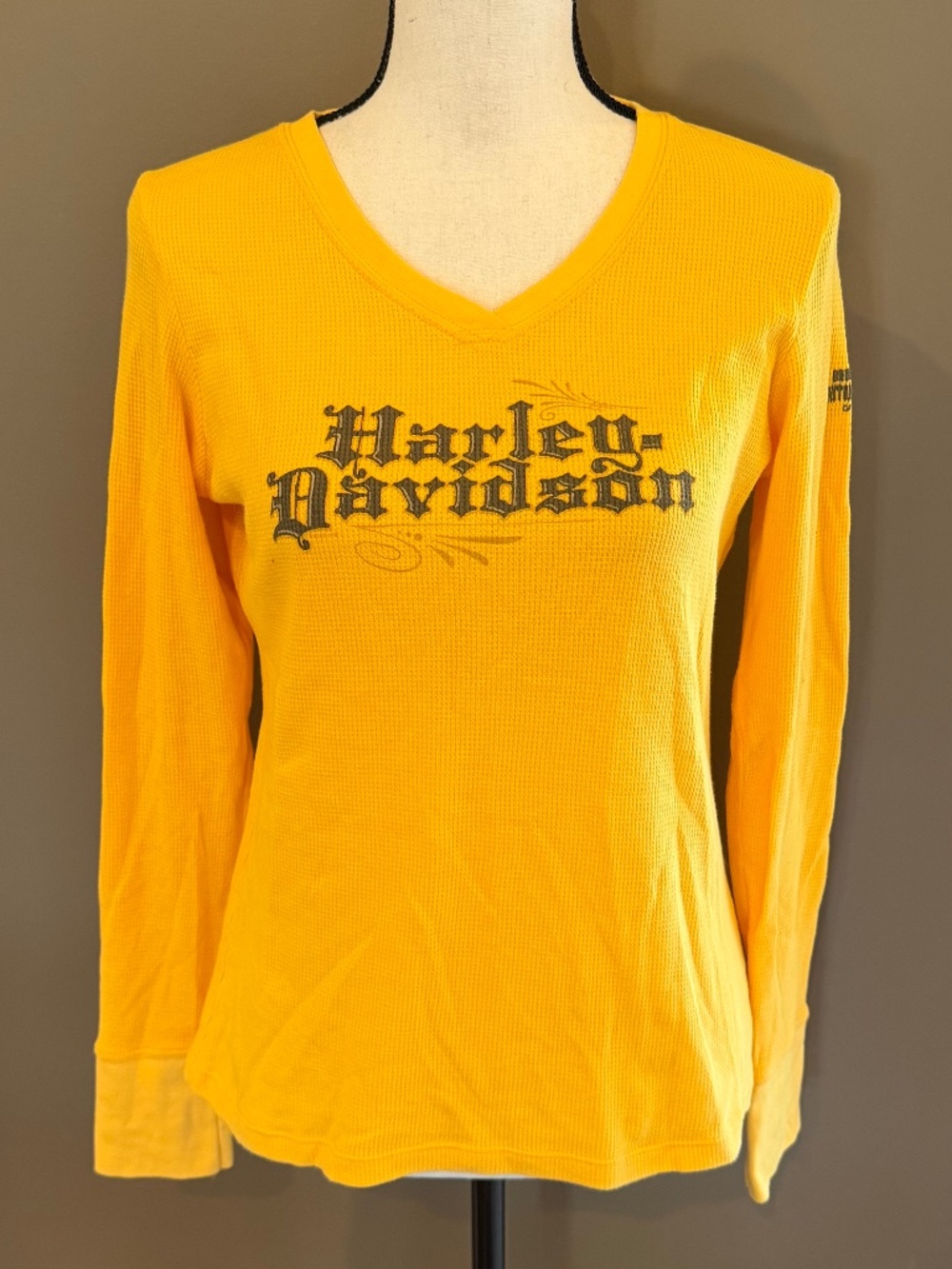 Harley Davidson Women's Yellow Long Sleeve Thermal Shirt V-Neck, Size Large
